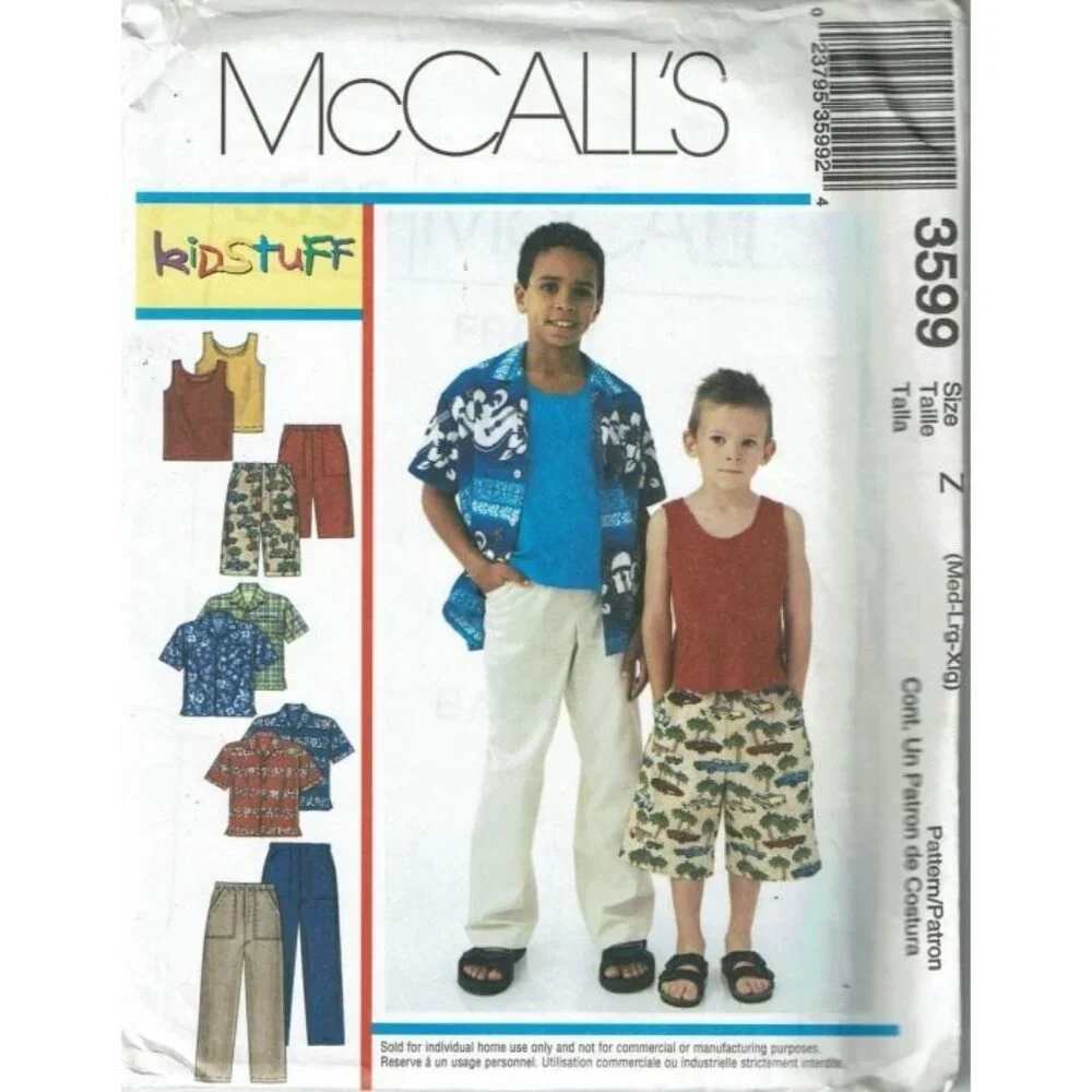 McCall's Sewing Pattern 3599 Camp Shirt Tank Top Pants‎ Shorts Boys M-XL